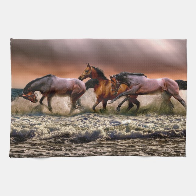Horses Running in Ocean Surf at Sunset Kitchen Towel (Horizontal)