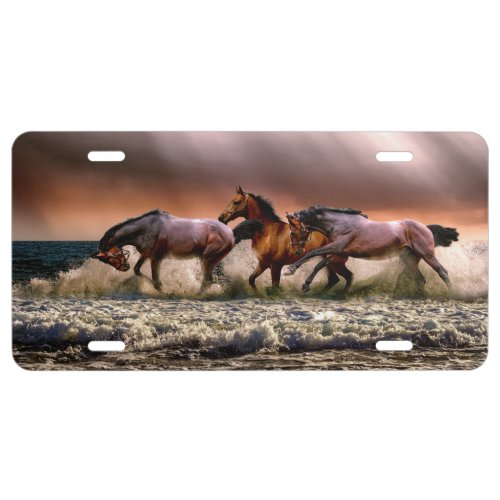 Horses Running in Ocean Surf at Sunset License Plate
