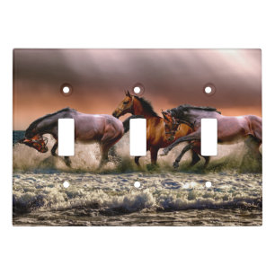 Horses Running in Ocean Surf at Sunset Light Switch Cover