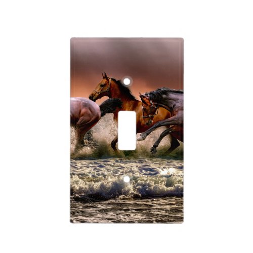 Horses Running in Ocean Surf at Sunset Light Switch Cover