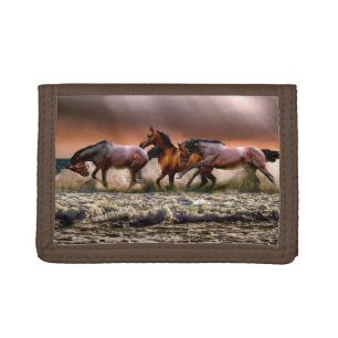 Horses Running in Ocean Surf at Sunset Tri-fold Wallet