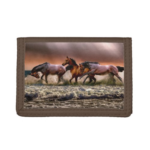 Horses Running in Ocean Surf at Sunset Trifold Wallet