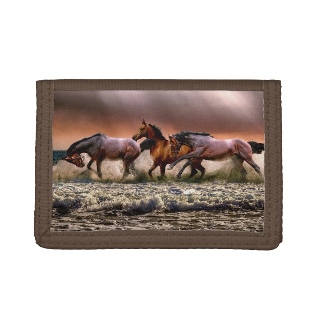 Horses Running in Ocean Surf at Sunset Trifold Wallet (Front)