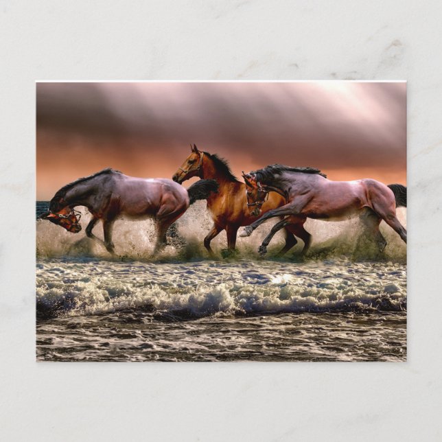 Horses Running in Ocean Waves Painting Postcard (Front)