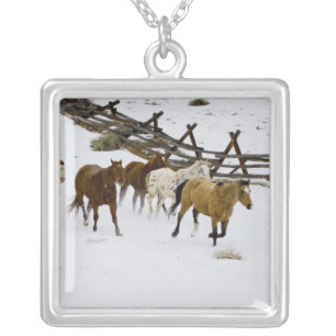 Horses Running in Snow Silver Plated Necklace