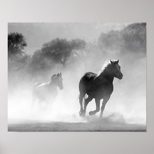 Horses Running in the Fog Black and White Poster