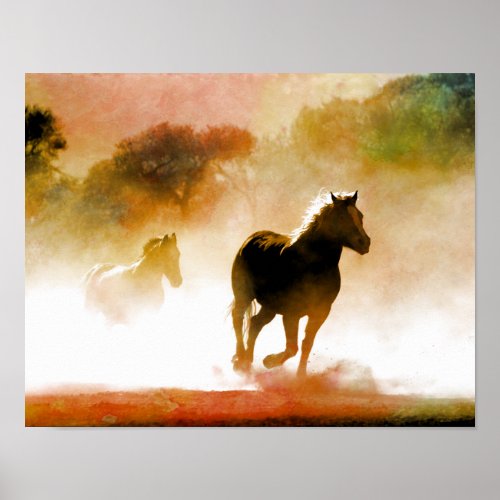 Horses Running in the Fog Poster