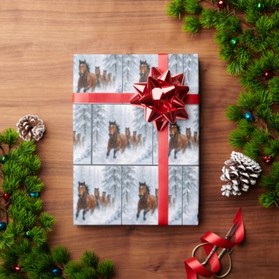 Horses Running Through a Snowy Forest Wrapping Paper