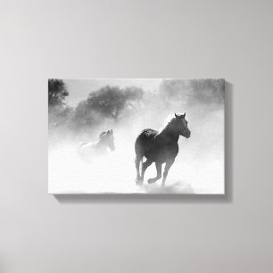 Horses Running through Fog in Black and White Canv Canvas Print