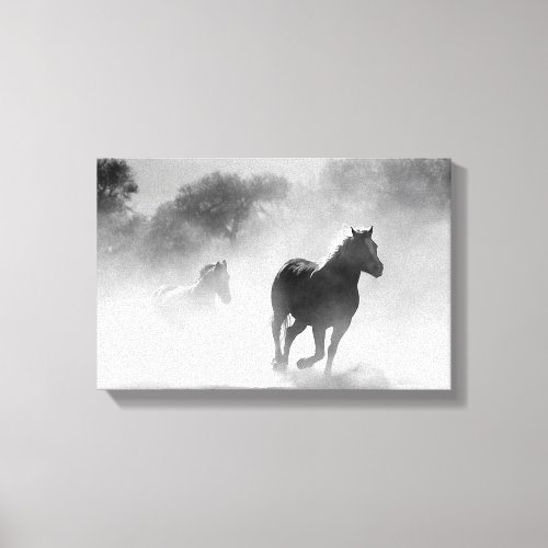 Horses Running through Fog in Black and White Canv Canvas Print