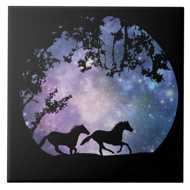 Horses Running with Full Moon Fantasy Art Tile (Front)