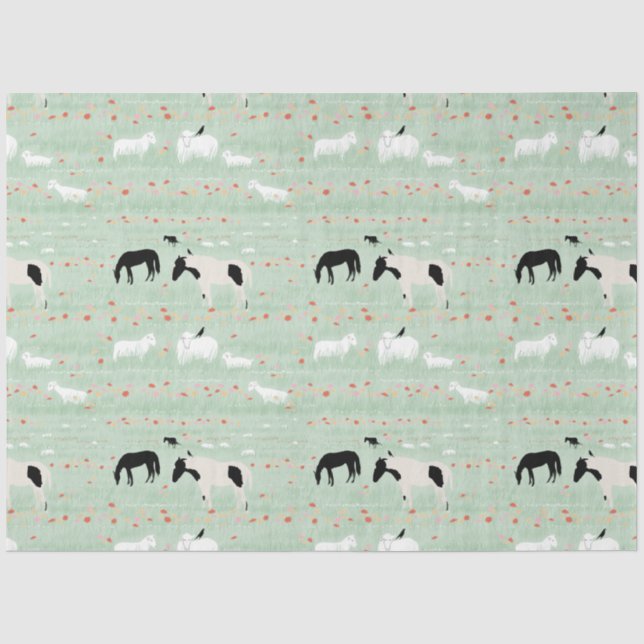 Horses Sheep Farm Pink Orange Flowers  Tissue Paper (Front)