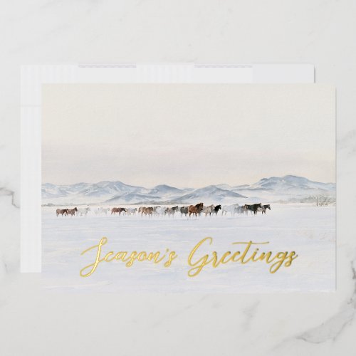 Horses Snowy Winter Christmas Equestrian Business Foil Holiday Card