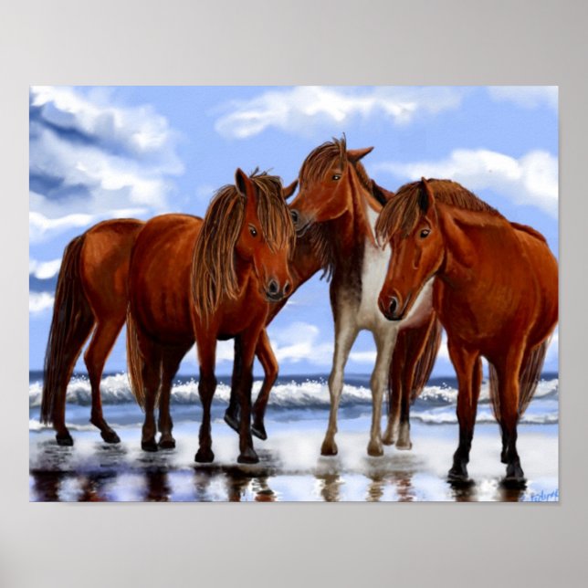 Horses Standing on Beach Poster (Front)