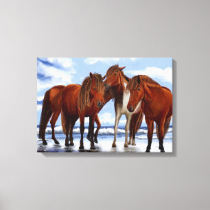 Horses Standing on Beach Wrapped Canvas Print