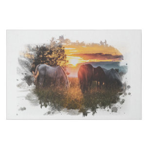 *~* Horses Sunset Grazing Equine Watercolor AR22 Faux Canvas Print