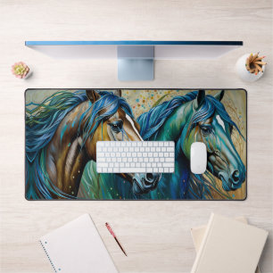 Horses Teal blue green brown Desk Mat