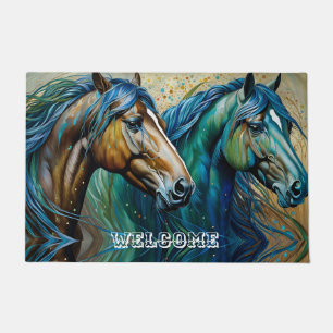 Horses Teal blue green brown Doormat