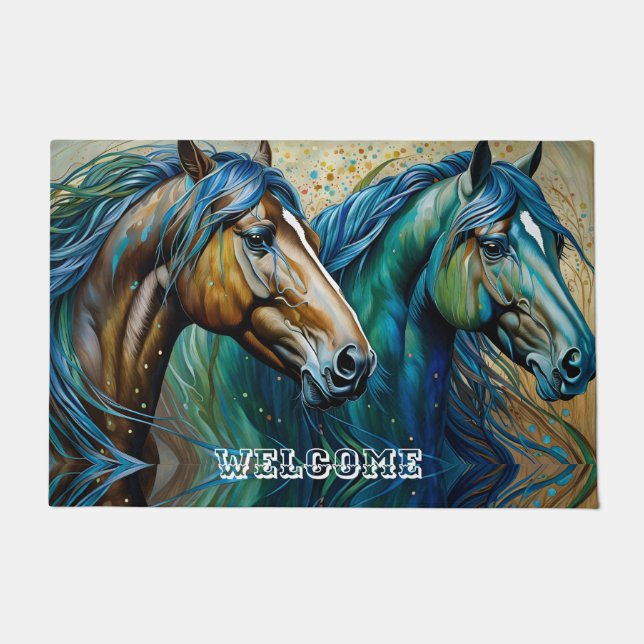 Horses Teal blue green brown Doormat (Front)