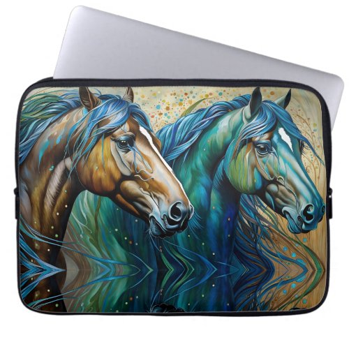 Horses Teal blue green brown Laptop Sleeve