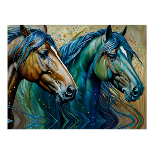 Horses Teal blue green brown Poster