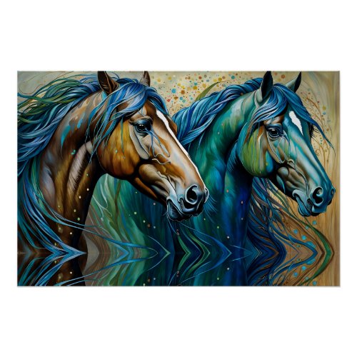 Horses Teal blue green brown Poster