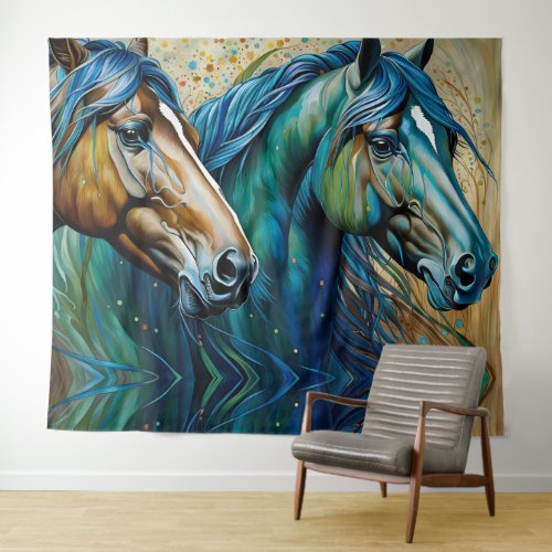Horses Teal blue green brown Tapestry