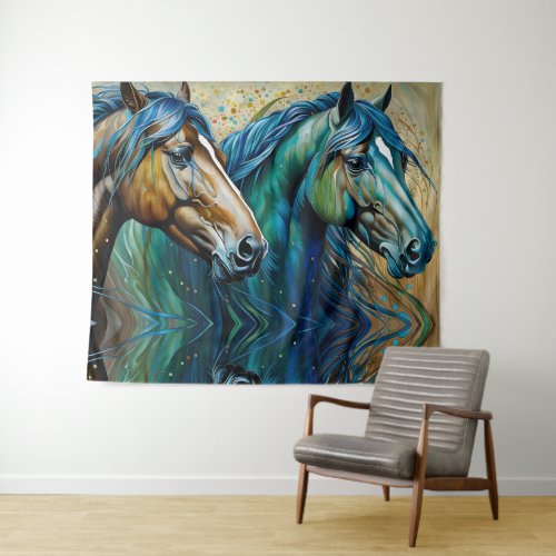 Horses Teal blue green brown Tapestry
