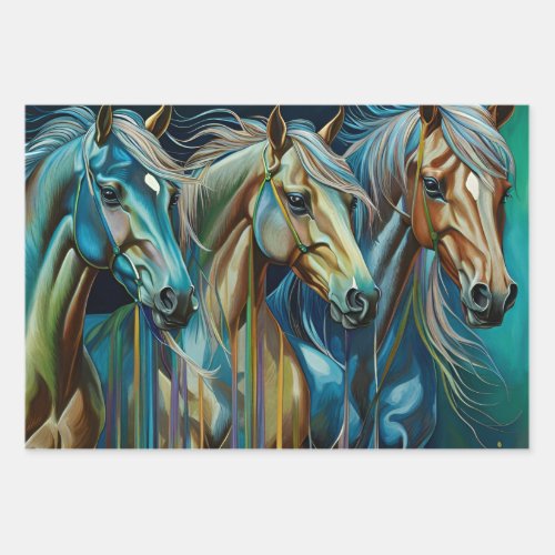 Horses Teal Wrapping Paper Flat Sheet Set of 3