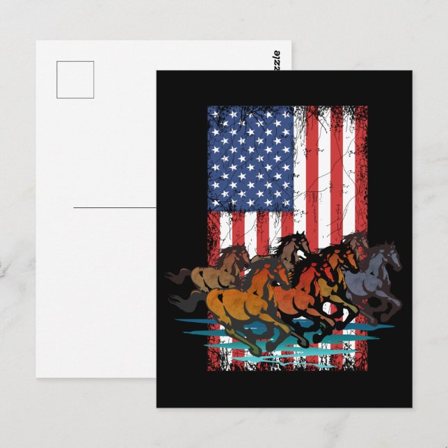 HORSES VINTAGE AMERICAN FLAG DISTRESSED  POSTCARD (Front/Back)