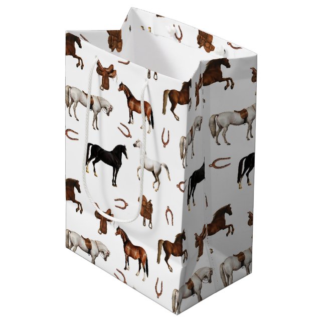 Horses Watercolor Horseshoe Horse Saddles Medium Gift Bag (Front Angled)