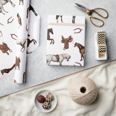 Horses Watercolor Horseshoe Horse Saddles Wrapping Paper