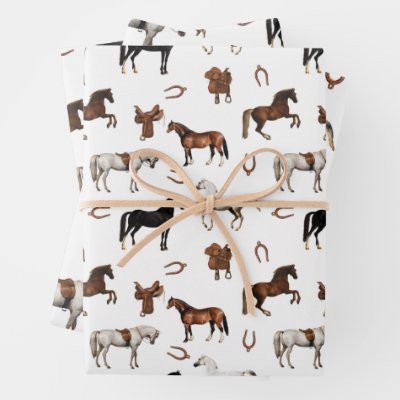 Horses Watercolor Horseshoe Horse Saddles Wrapping Paper Sheets