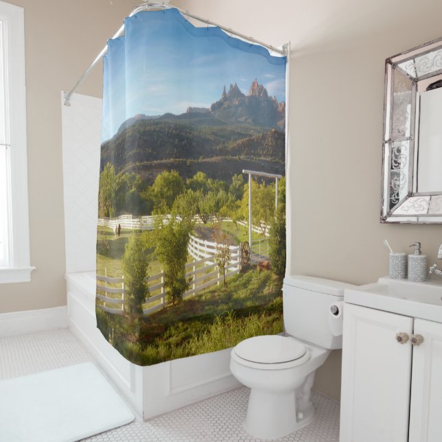 Horses, White Fence, Red Rocks Shower Curtain (In Situ)