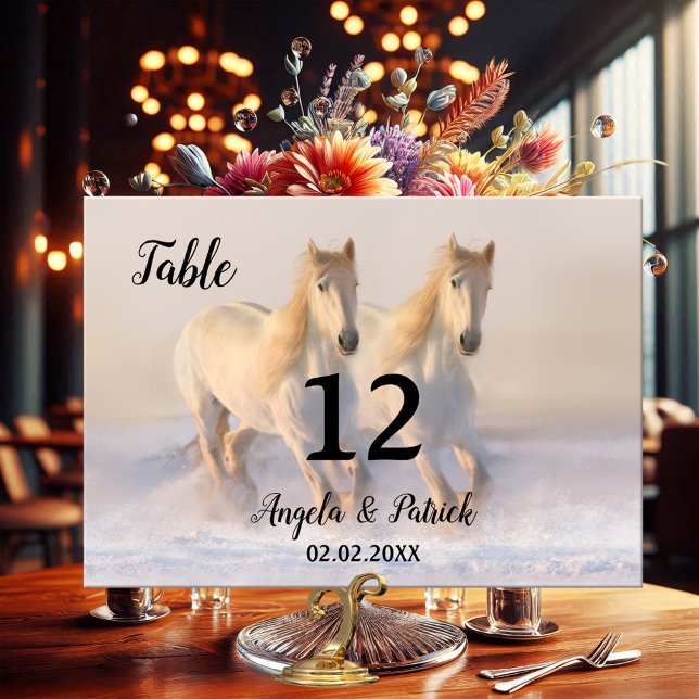 Horses Winter Wedding Table Number Card (Winter wedding table number card featuring two horses running freely in the snow)