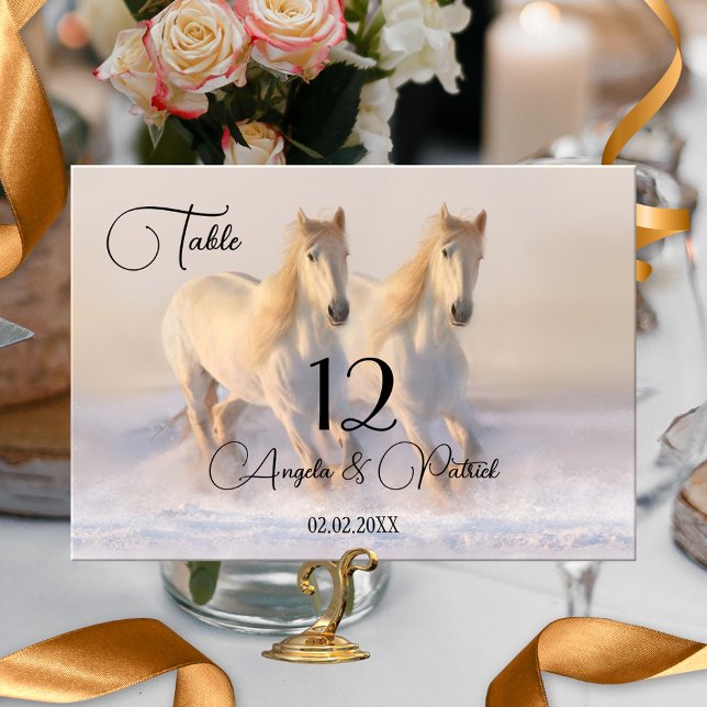 Horses Winter Wedding Table Number Card (Wedding table number card featuring two horses running in the snow)