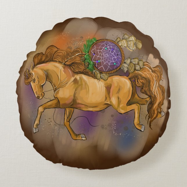 Horses with Dreamcatchers Round Pillow (Front)