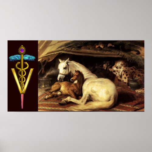 HORSES WITH GOLD CADUCEUS VETERINARY SYMBOL POSTER