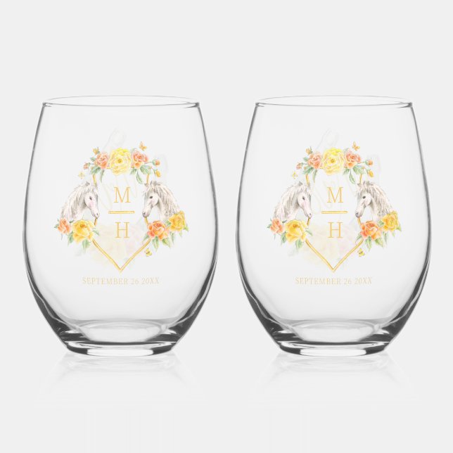 Horses yellow rose monogram Mr and Mrs wedding  Stemless Wine Glass (Front)