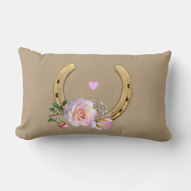 Horseshoe and flowers on beige lumbar pillow (Front)