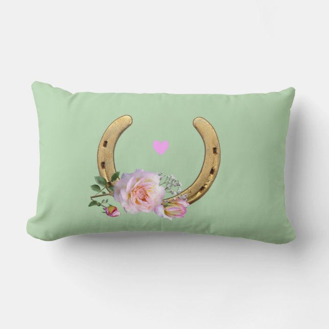 Horseshoe and flowers on light green lumbar pillow (Front)
