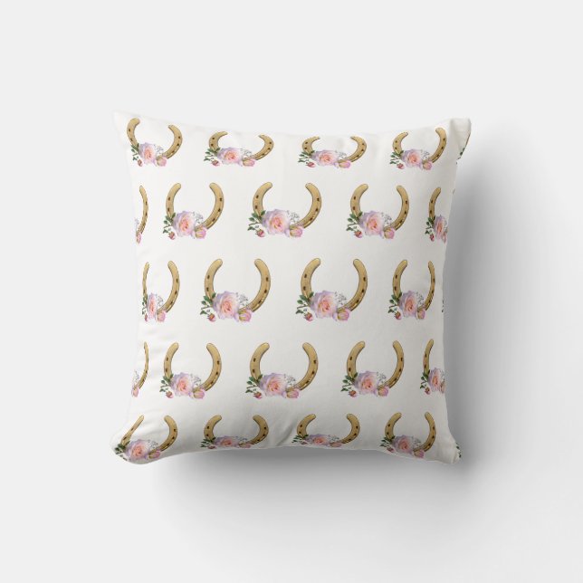Horseshoe and flowers on white throw pillow (Front)