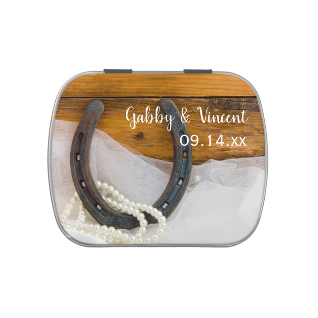 Horseshoe and Pearls Country Western Wedding Favor Candy Tin (Top)