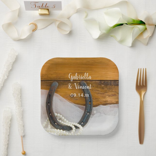 Horseshoe and Pearls Country Western Wedding Paper Plates (Wedding)
