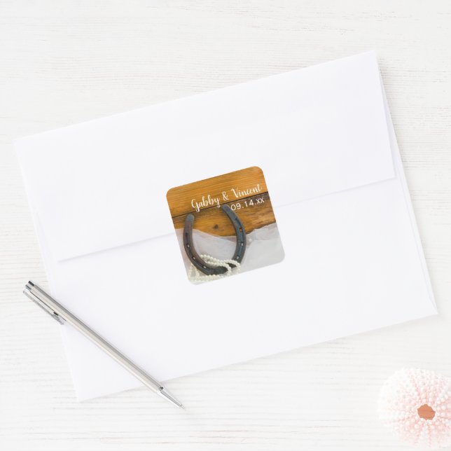 Horseshoe and Pearls Country Western Wedding Square Sticker (Envelope)