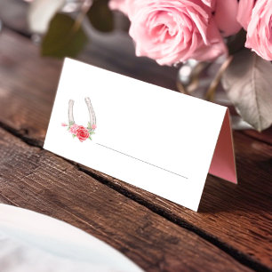 Horseshoe and roses red pink gray wedding place card