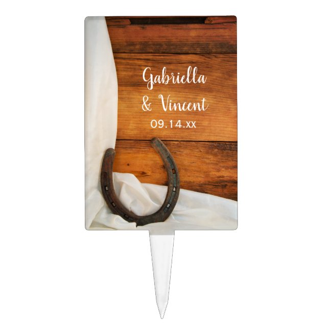 Horseshoe and Satin Country Barn Wedding Cake Topper (Front)