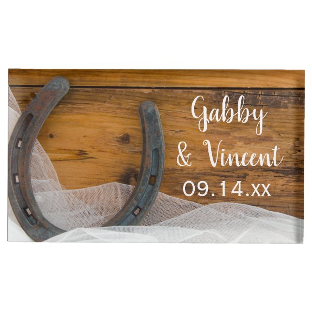 Horseshoe and Veil Country Western Wedding Table Card Holder (Front)
