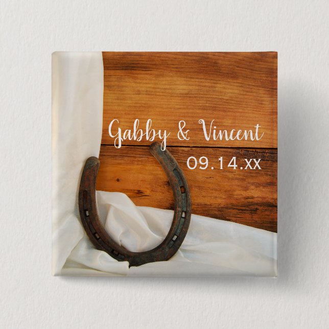 Horseshoe and White Satin Country Barn Wedding Pinback Button (Front)