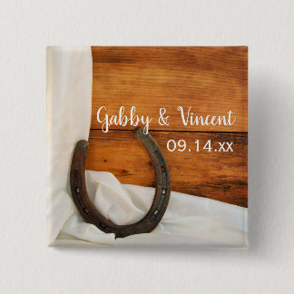 Horseshoe and White Satin Country Barn Wedding Pinback Button